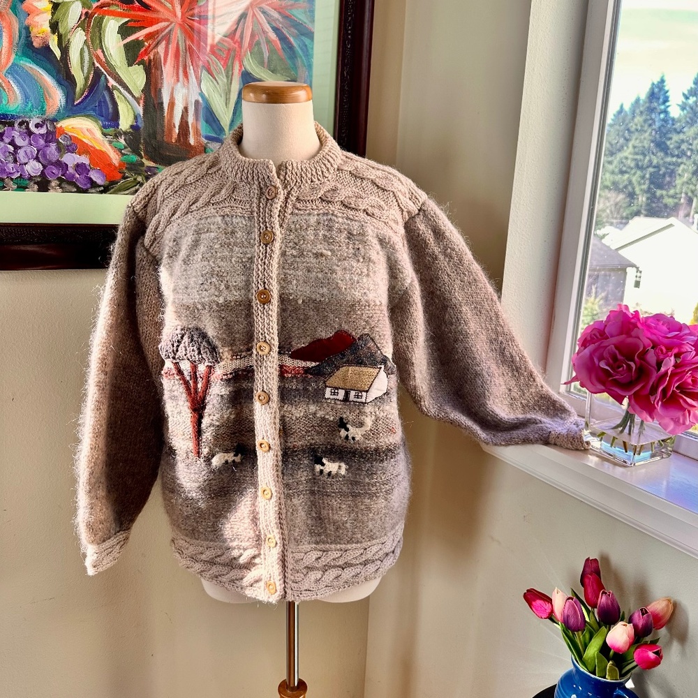 Irish Landscape Fine Art Sweater w/ Sheep Hand Knit Mohair Tweed - Rosemarie B